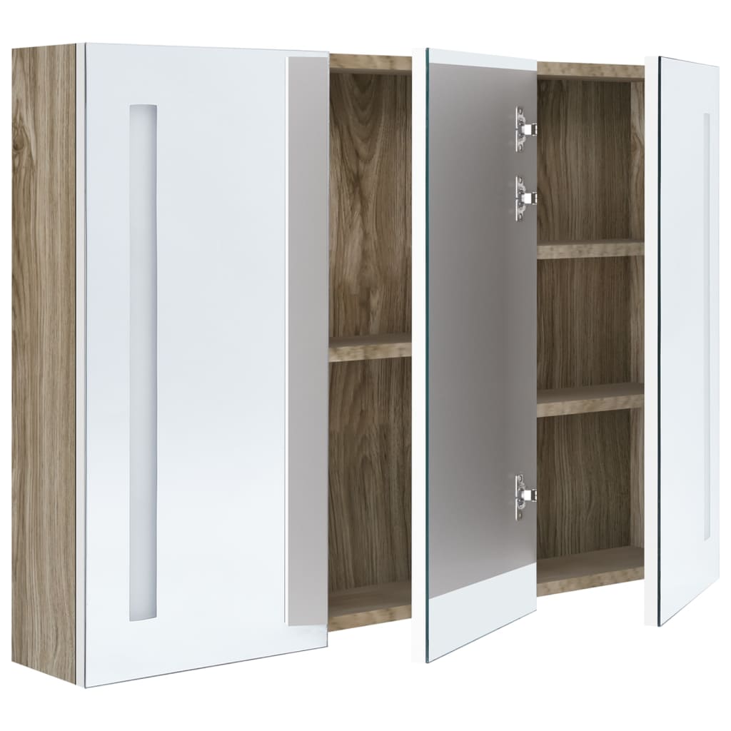 badeværelsesskab med spejl + LED-lys 89x14x62 cm hvid og egetræ