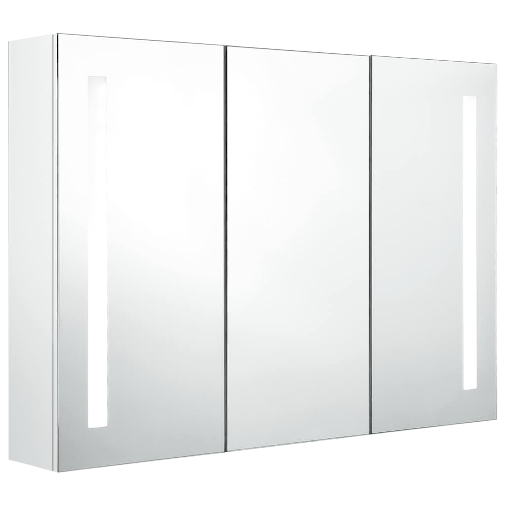 badeværelsesskab med spejl + LED-lys 89x14x62 cm skinnende hvid