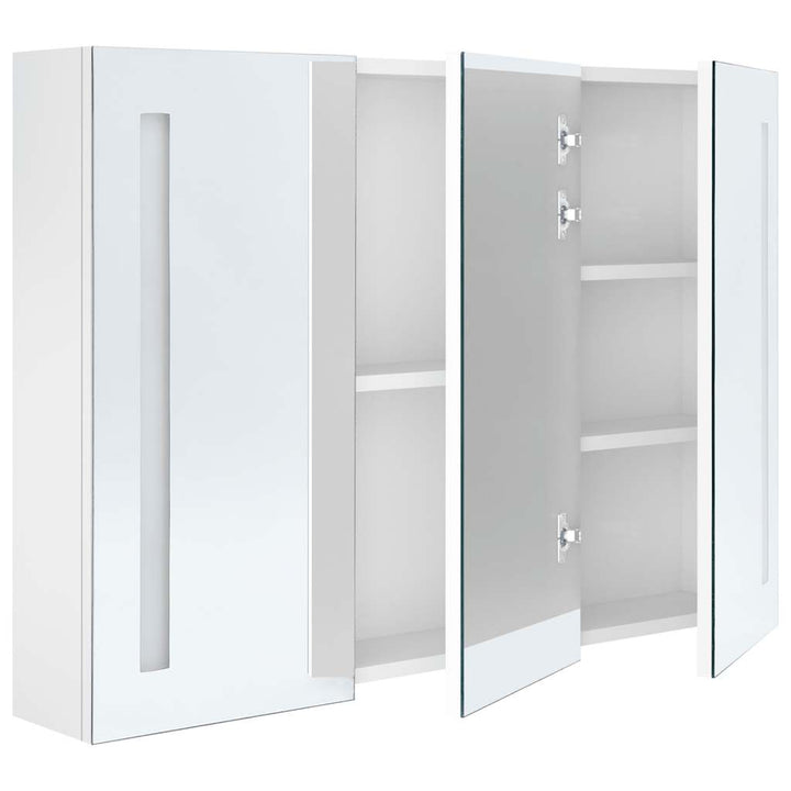 badeværelsesskab med spejl + LED-lys 89x14x62 cm skinnende hvid