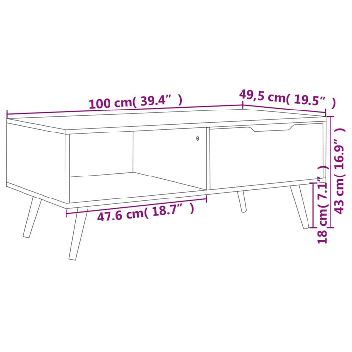 sofabord 100x49,5x43 cm konstrueret træ hvid højglans