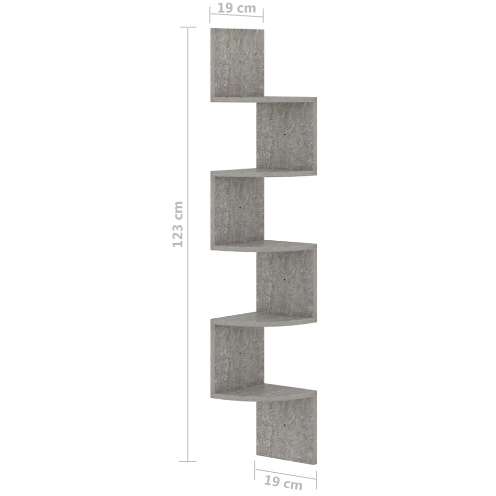 væghængt hjørnehylde 19x19x123 cm konstrueret træ betongrå