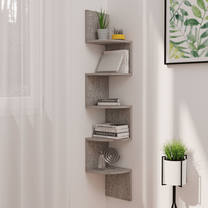 væghængt hjørnehylde 19x19x123 cm konstrueret træ betongrå