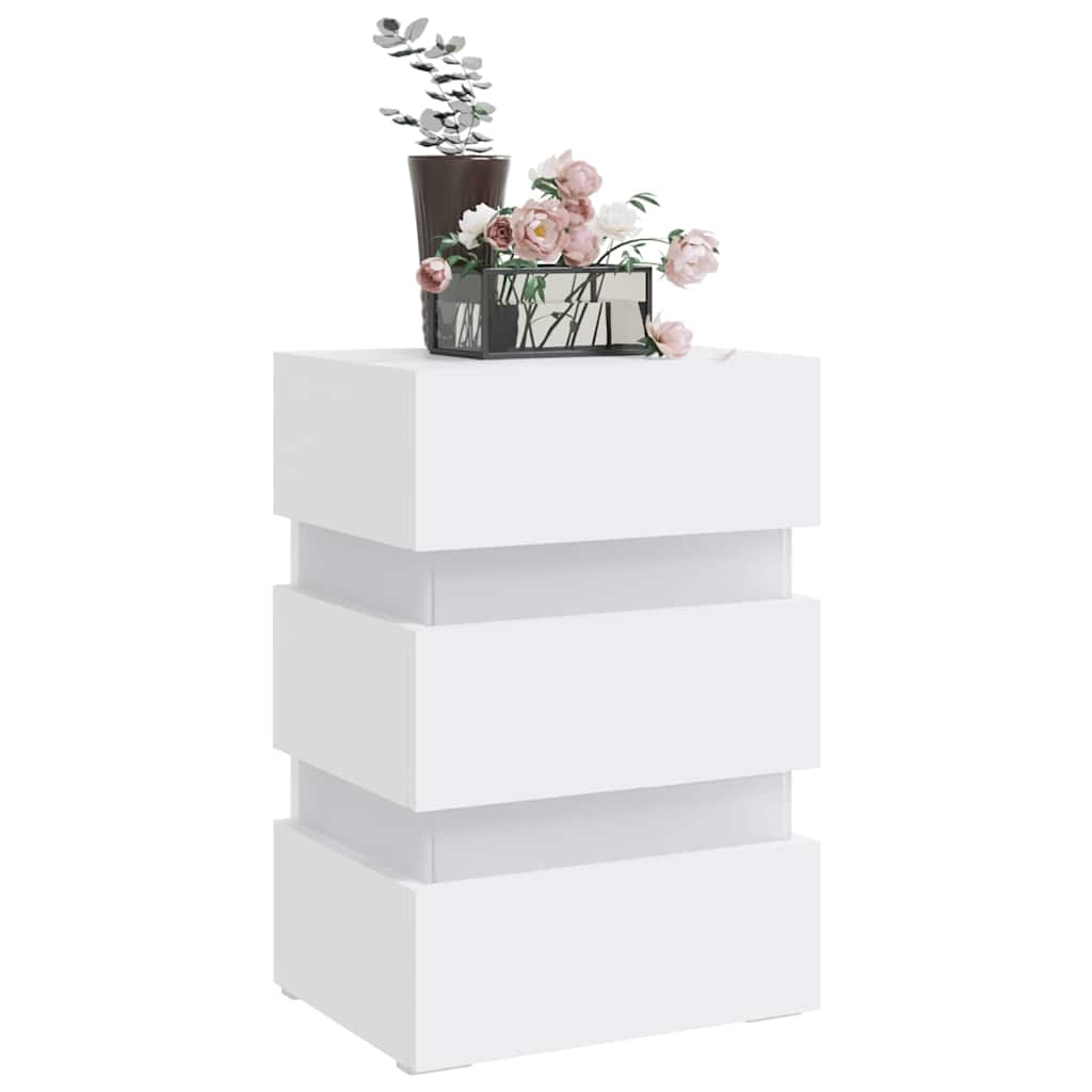 sengebord med LED 45x35x67 cm konstrueret træ hvid