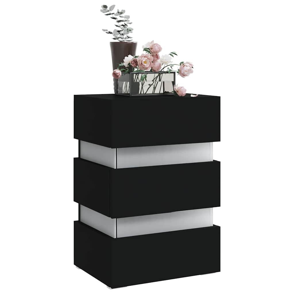 sengebord med LED 45x35x67 cm konstrueret træ sort