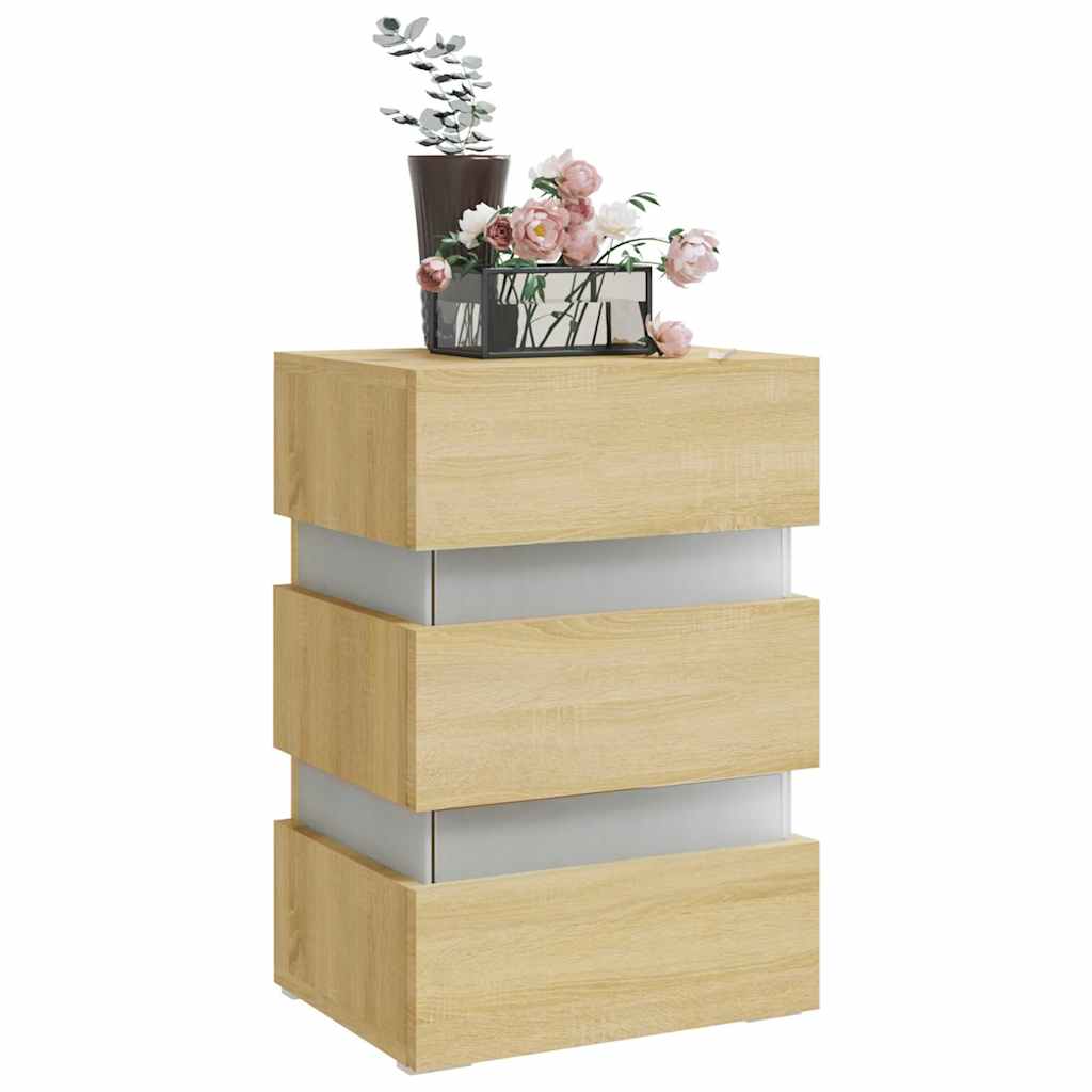 sengebord med LED 45x35x67 cm konstrueret træ sonoma-eg