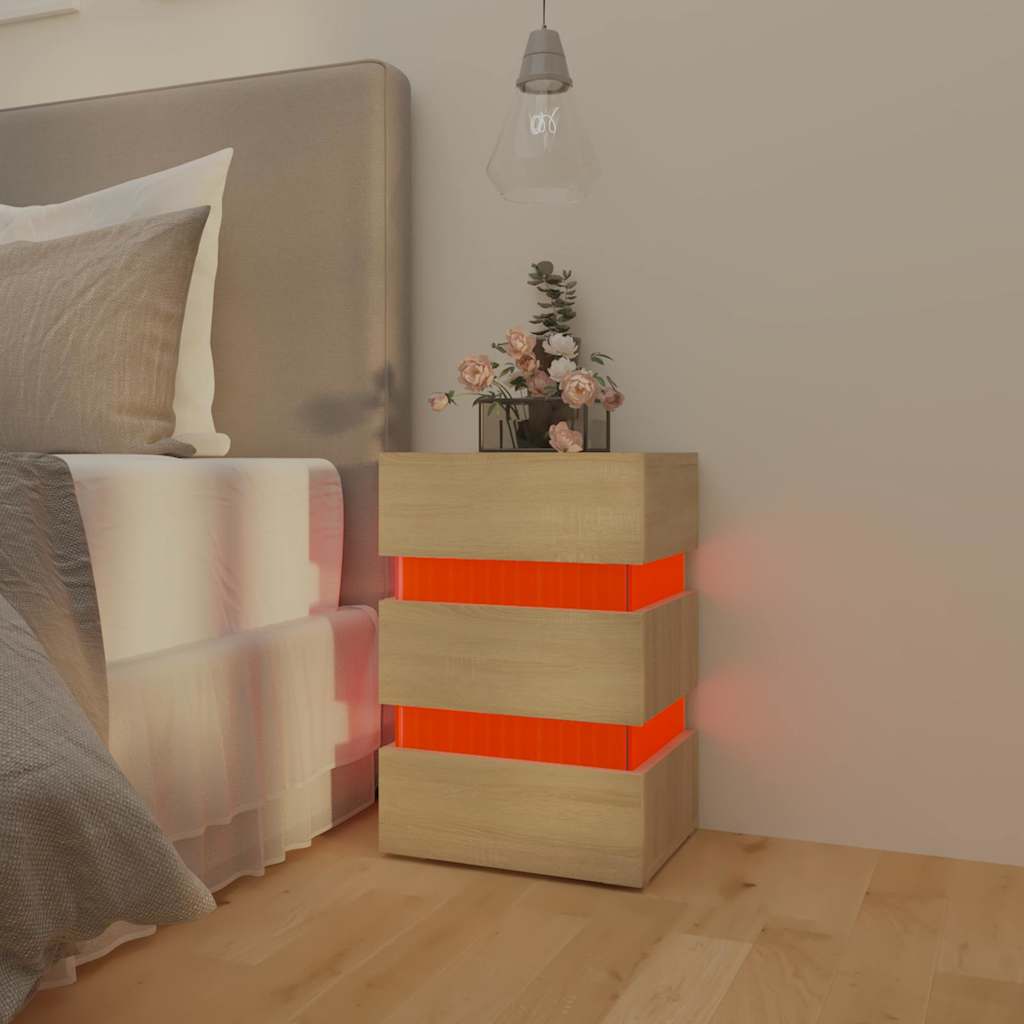 sengebord med LED 45x35x67 cm konstrueret træ sonoma-eg