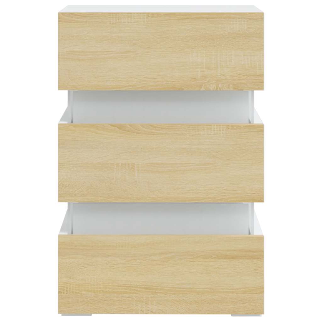sengebord med LED 45x35x67 cm konstrueret træ hvid og sonoma-eg