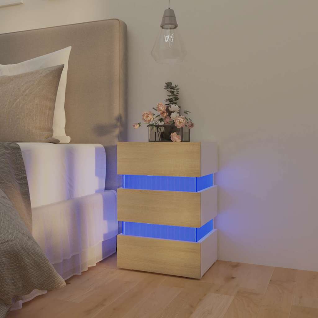sengebord med LED 45x35x67 cm konstrueret træ hvid og sonoma-eg