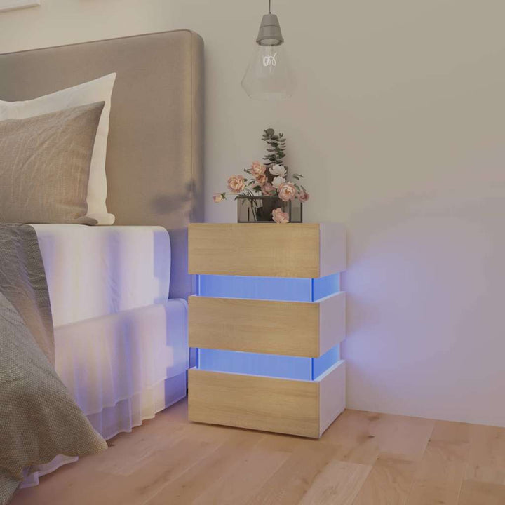 sengebord med LED 45x35x67 cm konstrueret træ hvid og sonoma-eg