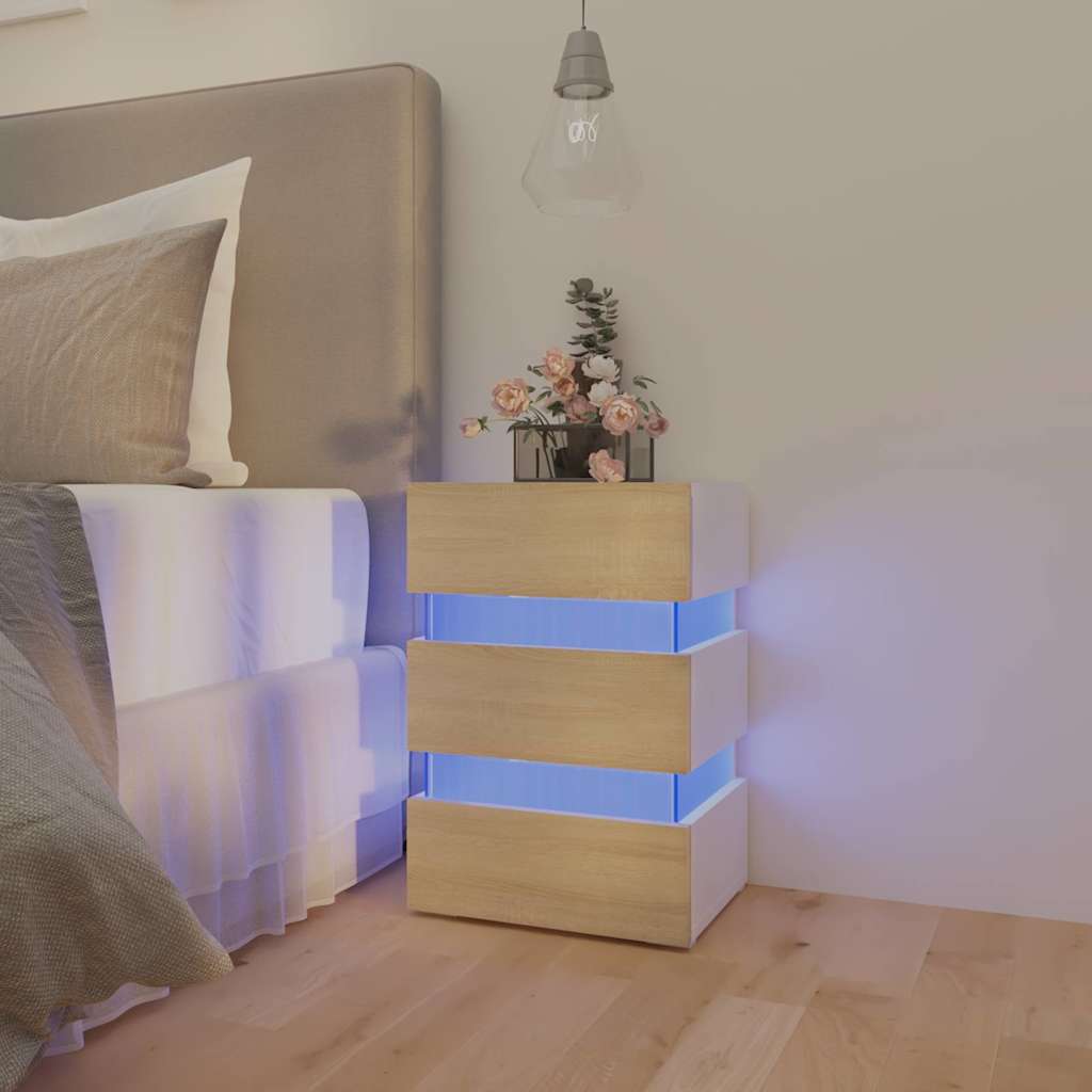 sengebord med LED 45x35x67 cm konstrueret træ hvid og sonoma-eg