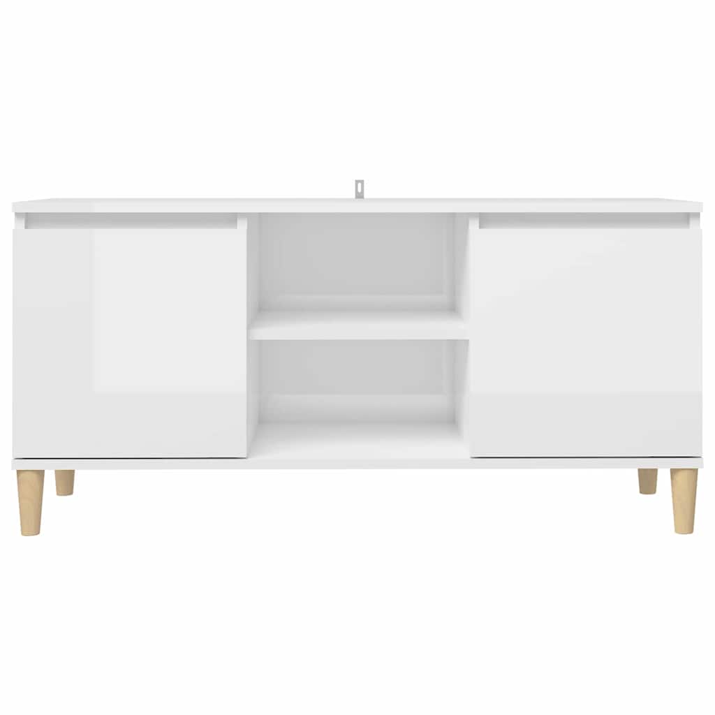 tv-bord med massive træben 103,5x35x50 cm hvid højglans