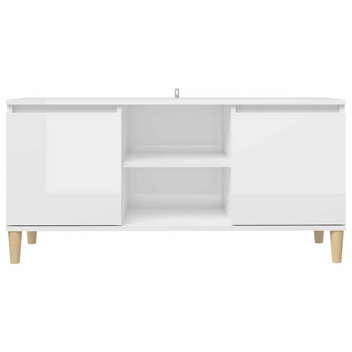 tv-bord med massive træben 103,5x35x50 cm hvid højglans