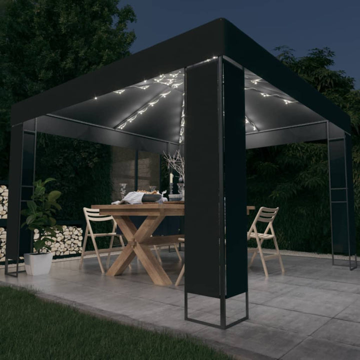 pavillon med dobbelt tag og LED-lyskæder 3x3 m antracitgrå