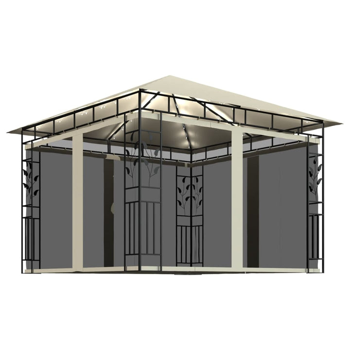 pavillon med myggenet og LED-lyskæder 3x3x2,73 m cremefarvet