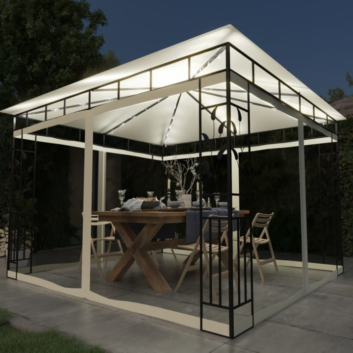 pavillon med myggenet og LED-lyskæder 3x3x2,73 m cremefarvet