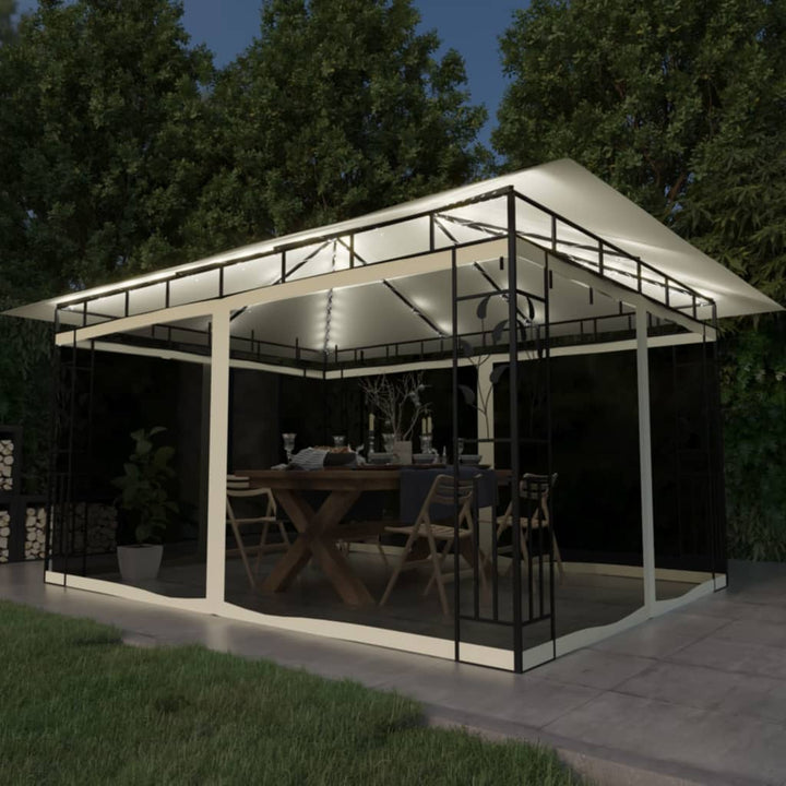 pavillon med myggenet og LED-lyskæder 4x3x2,73 m cremefarvet