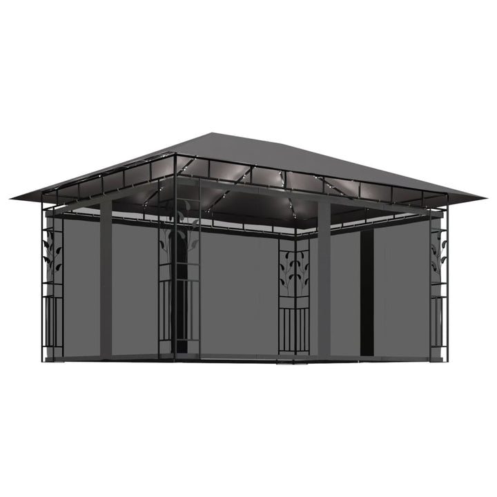pavillon med myggenet og LED-lyskæder 4x3x2,73 m antracitgrå