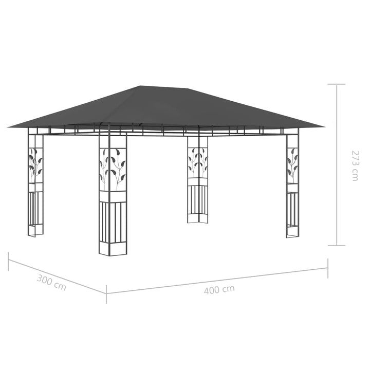 pavillon med myggenet og LED-lyskæder 4x3x2,73 m antracitgrå