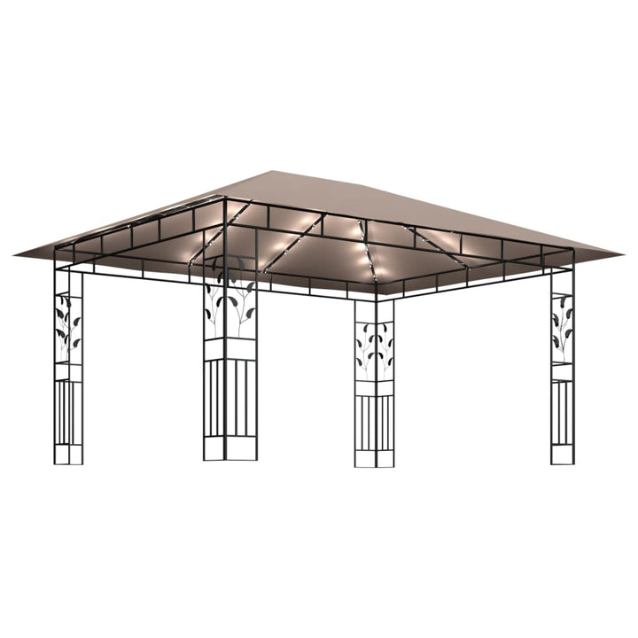 pavillon med myggenet + LED-lyskæder 4x3x2,73 m gråbrun