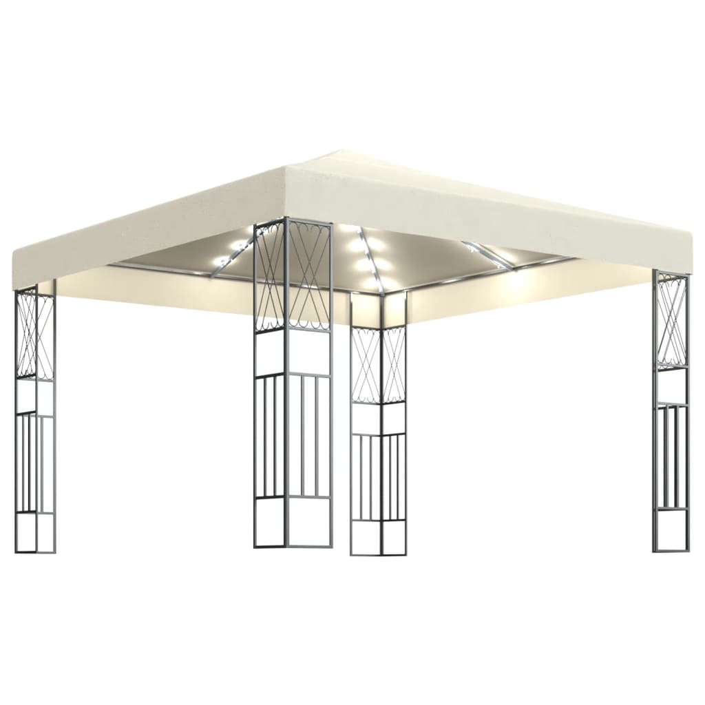 pavillon med LED-lyskæder 3x3 m stof cremefarvet