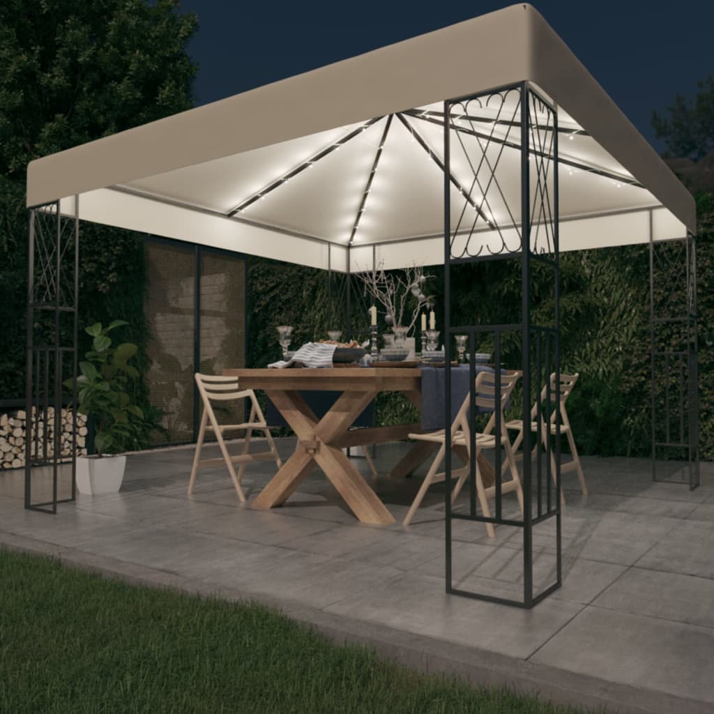 pavillon med LED-lyskæder 3x3 m stof cremefarvet