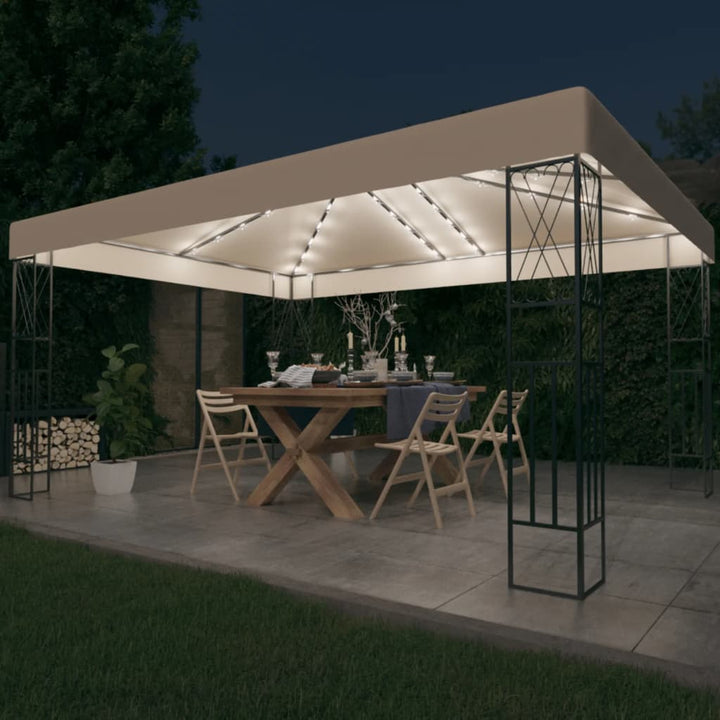 pavillon med LED-lyskæder 3x4 m stof cremefarvet