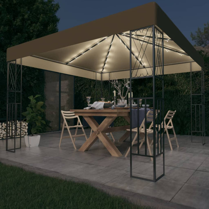 pavillon med LED-lyskæder 3x3 m stof gråbrun