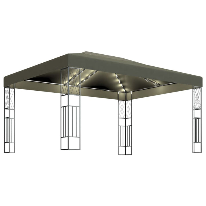 pavillon med LED-lyskæder 3x4 m stof gråbrun