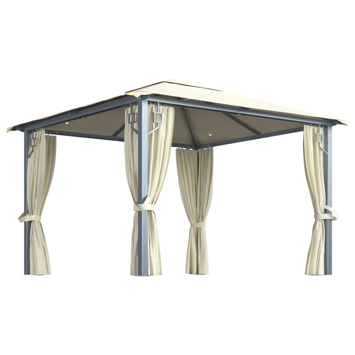pavillon med gardin + LED-lyskæder 3x3 m aluminium cremefarvet