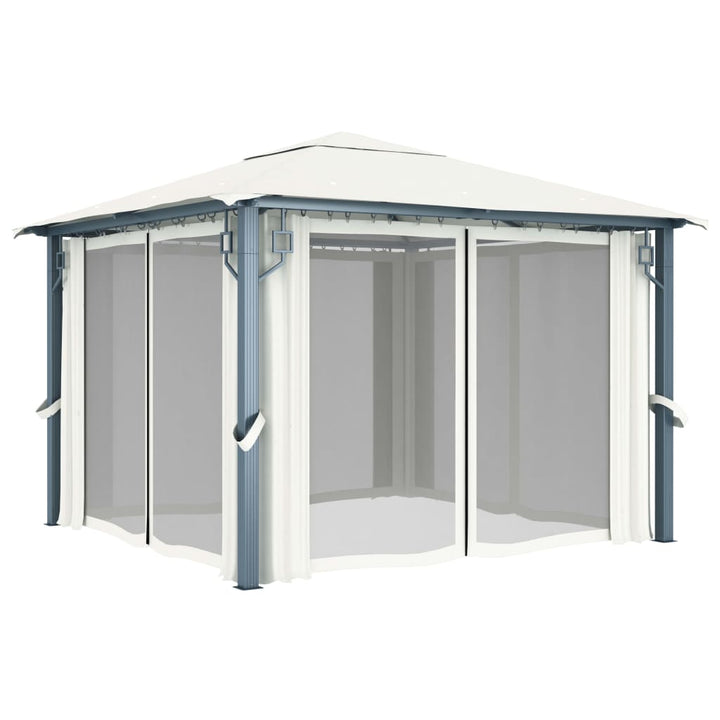 pavillon med gardin + LED-lyskæder 3x3 m aluminium cremefarvet