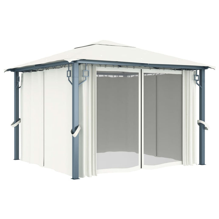 pavillon med gardin + LED-lyskæder 3x3 m aluminium cremefarvet