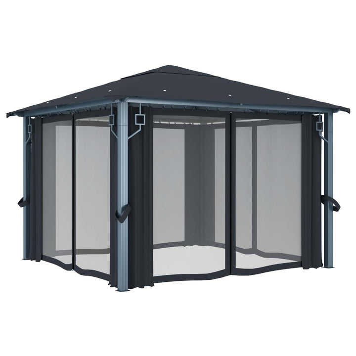 pavillon med gardin + LED-lyskæder 300x300 cm aluminium grå