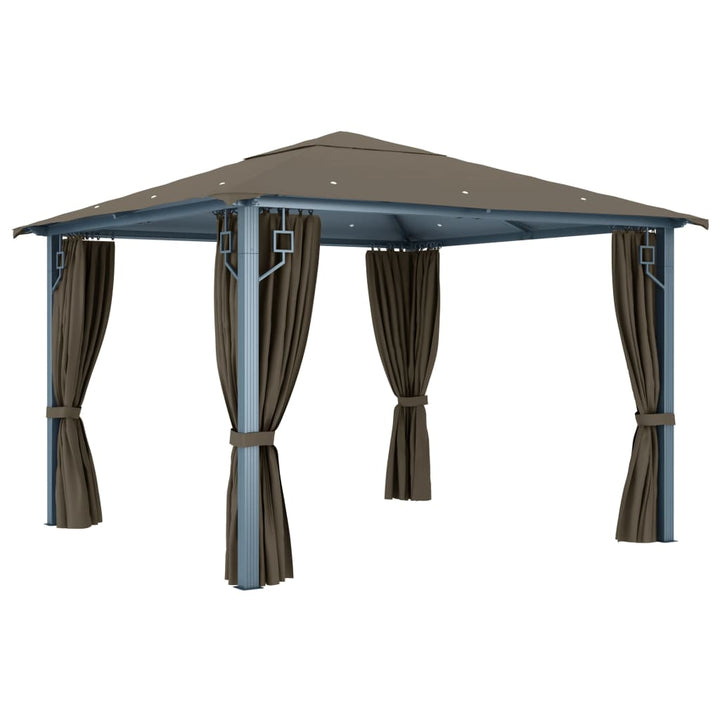 pavillon med gardin + LED-lyskæde 300x300 cm aluminium gråbrun