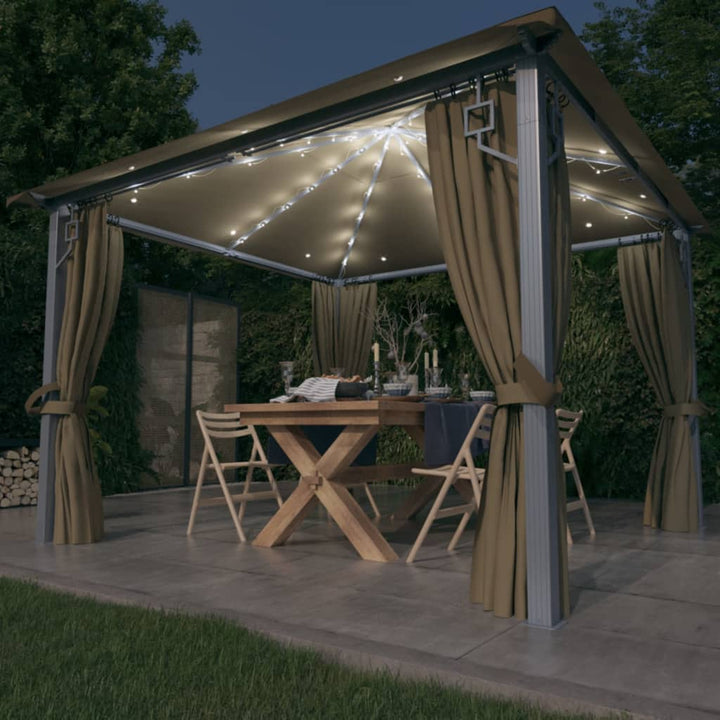pavillon med gardin + LED-lyskæde 300x300 cm aluminium gråbrun