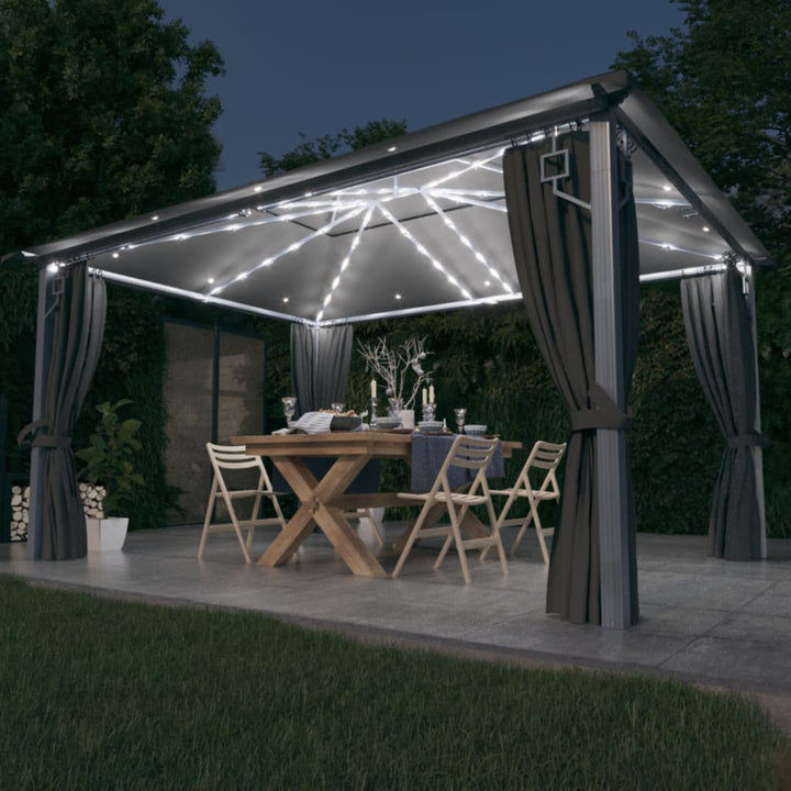 pavillon med gardin + LED-lyskæder 400x300 cm aluminium grå