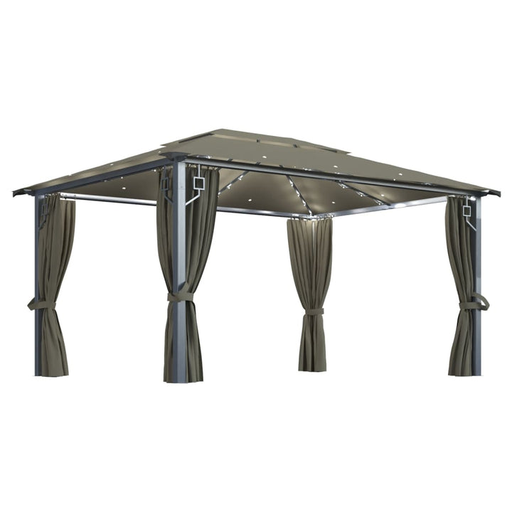 pavillon med gardin + LED-lyskæde 400x300 cm aluminium gråbrun