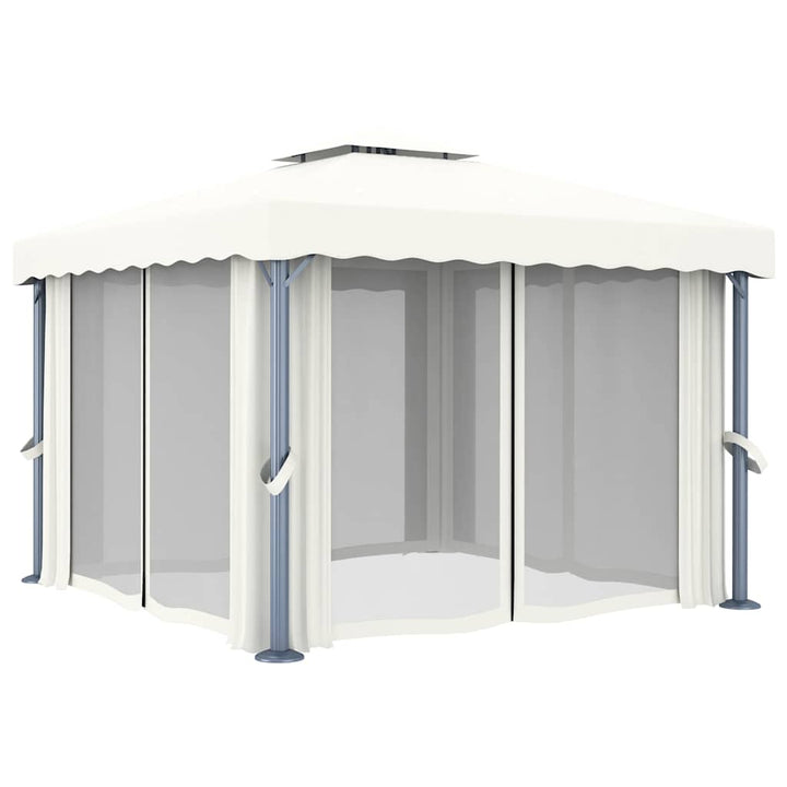 pavillon med gardin og LED-lyskæder 3x3 m cremefarvet