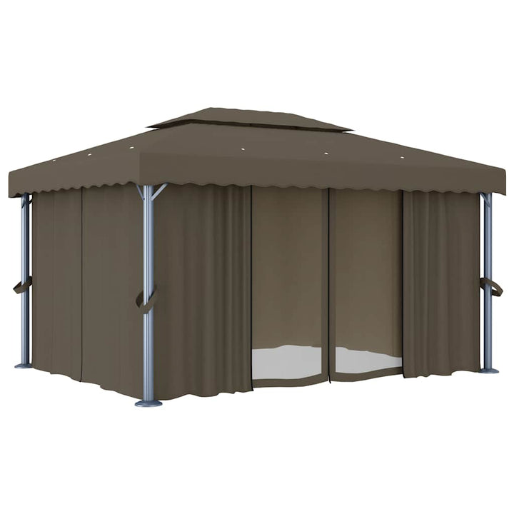 pavillon med gardin og LED-lyskæder 4x3 m gråbrun