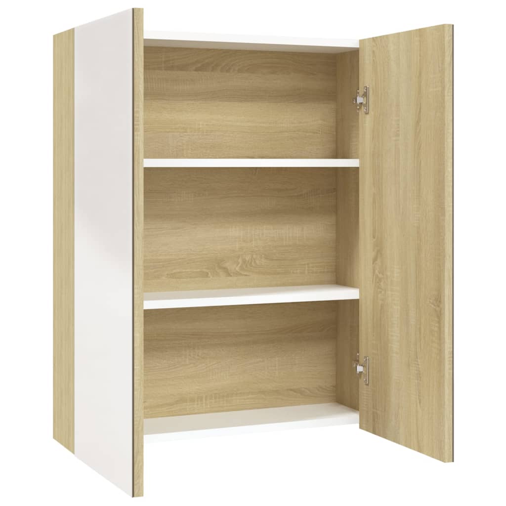 badeværelsesskab med spejl 60x15x75 cm MDF hvid og egetræsfarvet