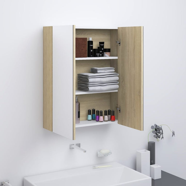 badeværelsesskab med spejl 60x15x75 cm MDF hvid og egetræsfarvet