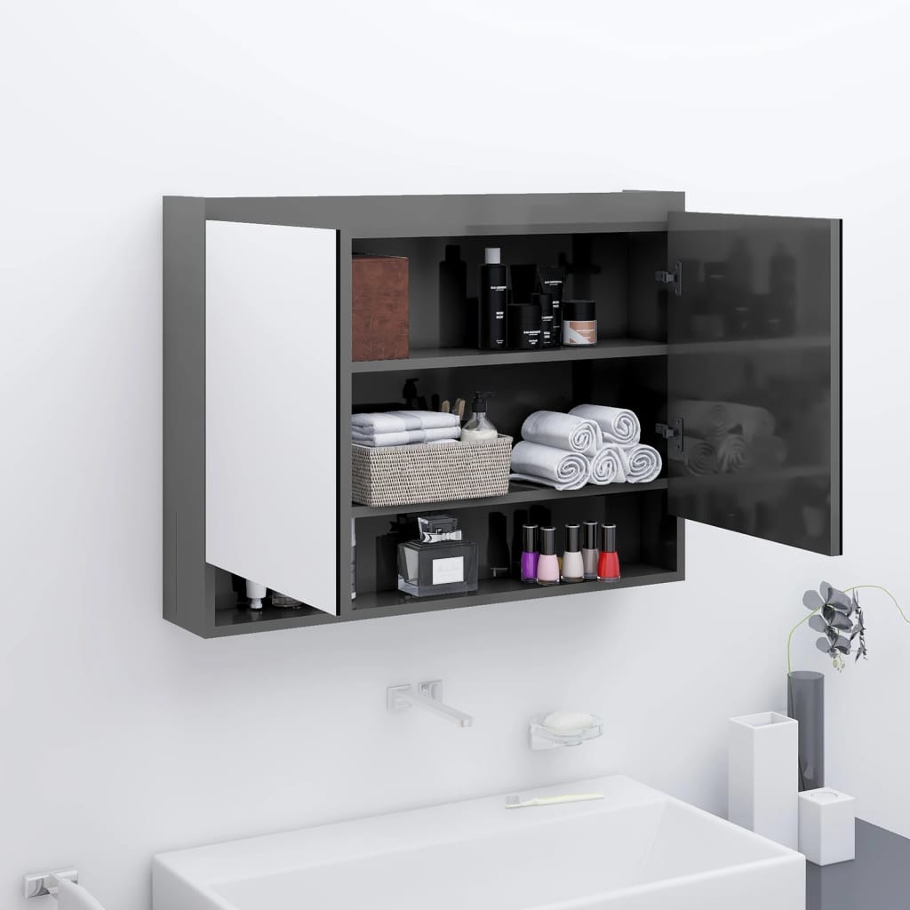 badeværelsesskab med spejl 80x15x60 cm MDF blank grå