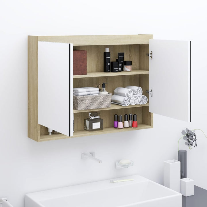 badeværelsesskab med spejl 80x15x60 cm MDF hvid og eg