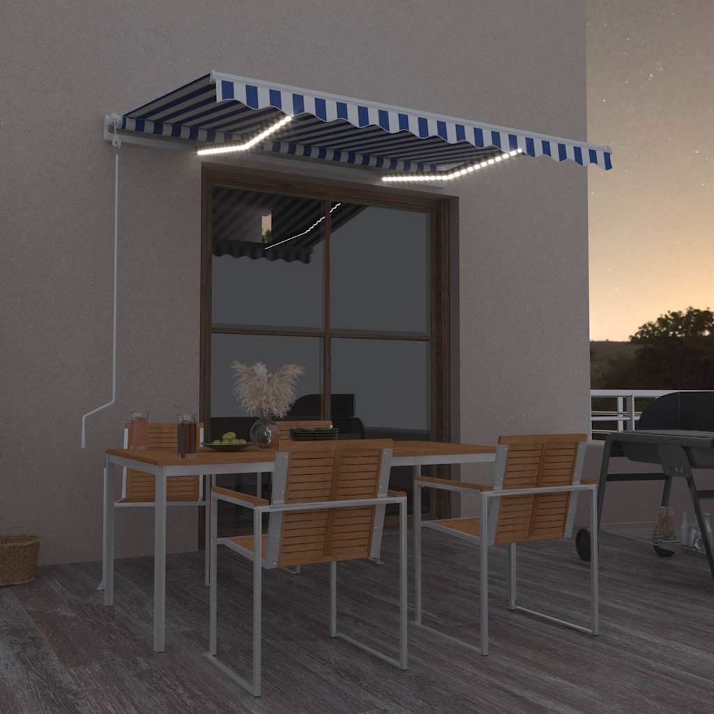 markise m. LED + vindsensor 350x250 cm automatisk blå og hvid