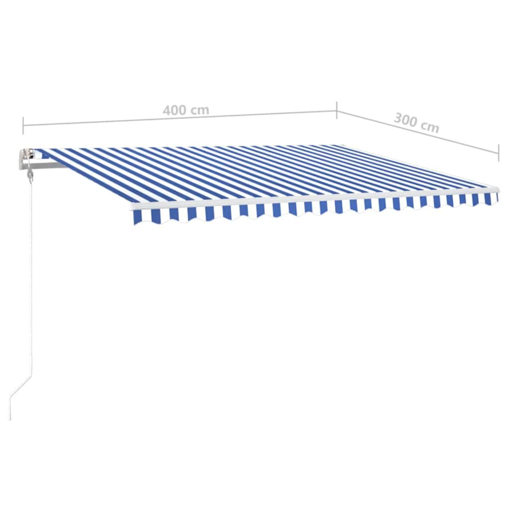 markise m. LED + vindsensor 400x300 cm automatisk blå og hvid