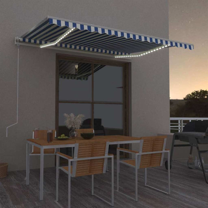 markise m. LED + vindsensor 400x300 cm automatisk blå og hvid