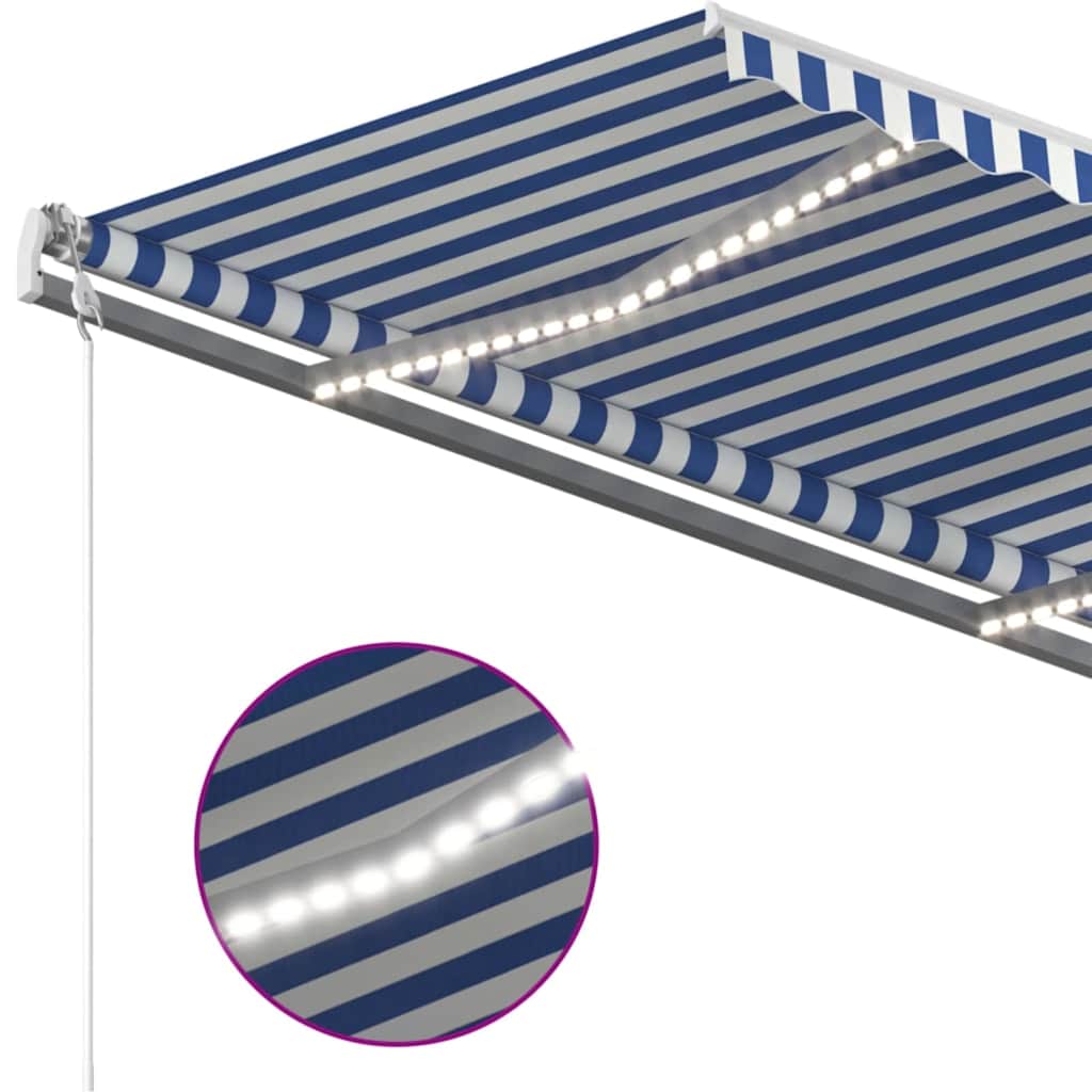 markise m. LED + vindsensor 450x300 cm automatisk blå og hvid