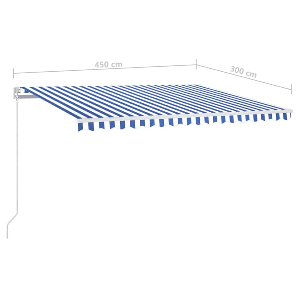 markise m. LED + vindsensor 450x300 cm automatisk blå og hvid