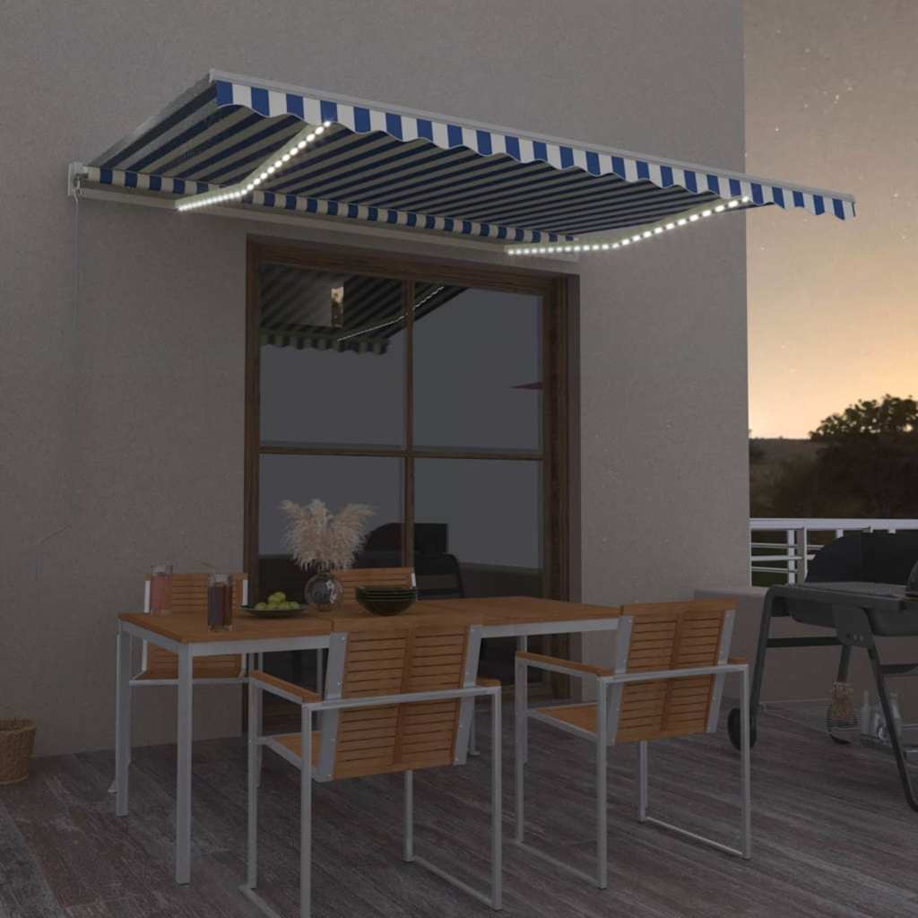 markise m. LED + vindsensor 450x300 cm automatisk blå og hvid