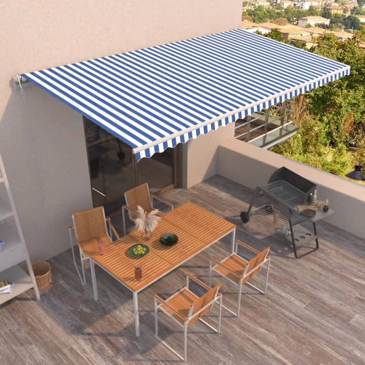 markise 600x350 cm automatisk betjening blå og hvid