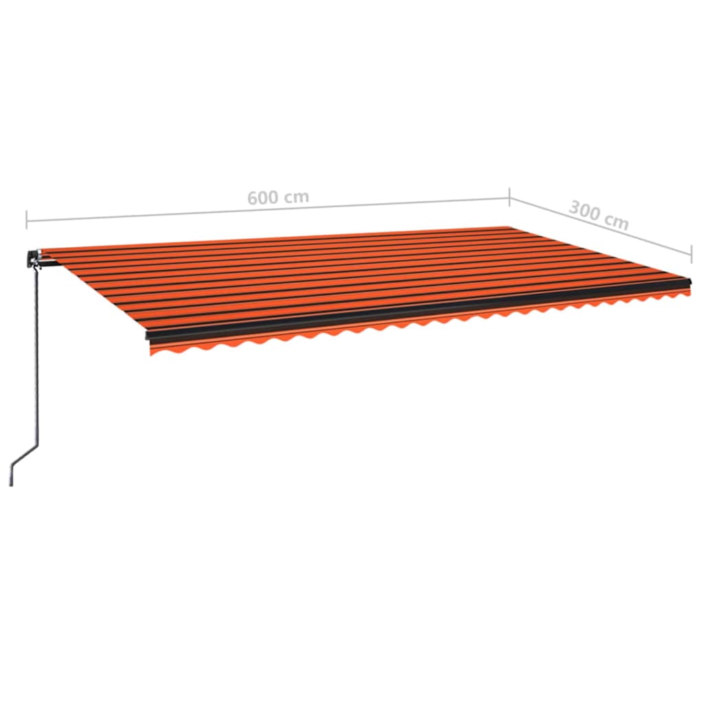 markise m. LED-lys 600x300 cm manuel betjening orange og brun